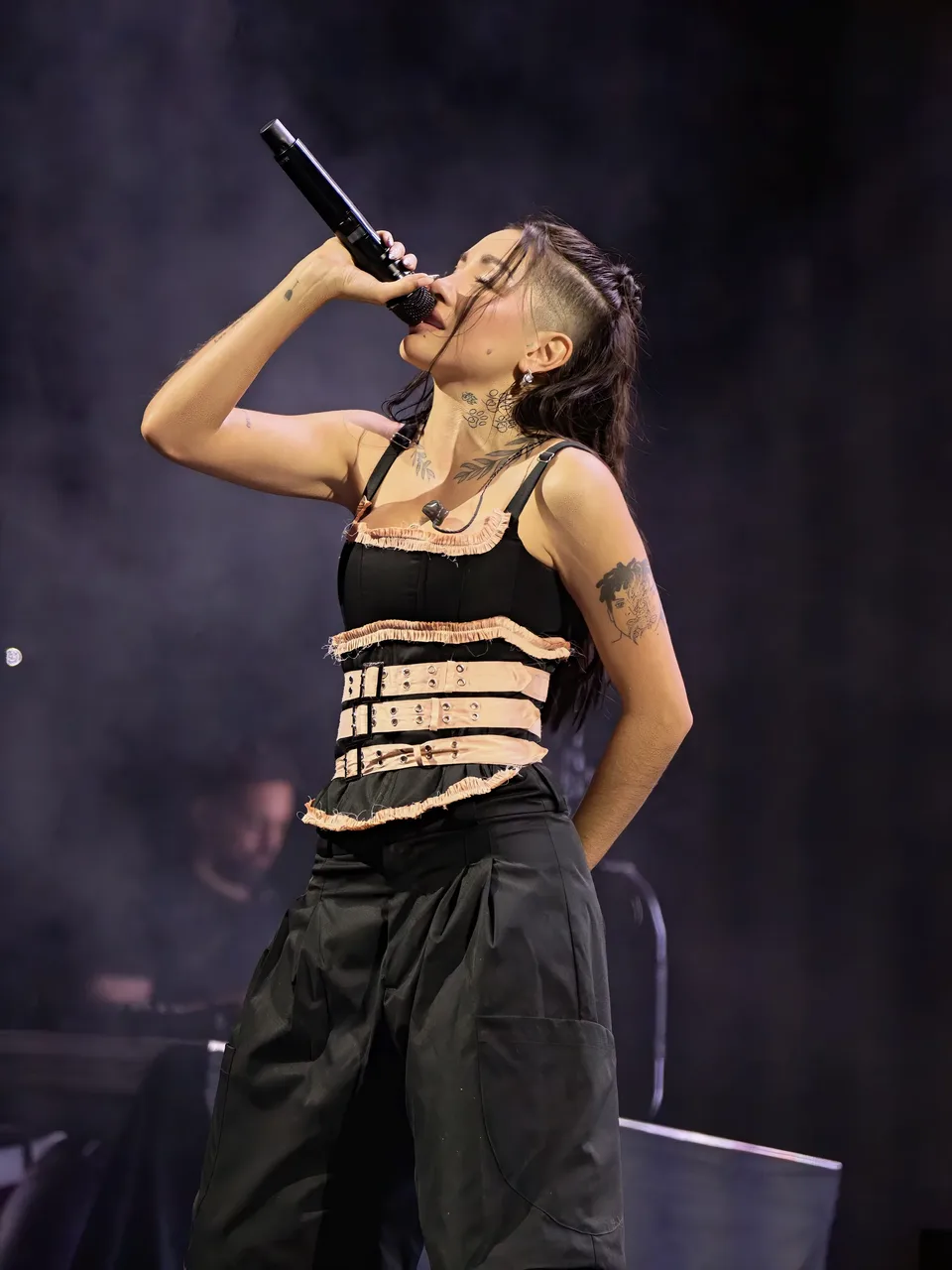 Vocalista interpretando una canción bajo iluminación violeta en Reve Fest